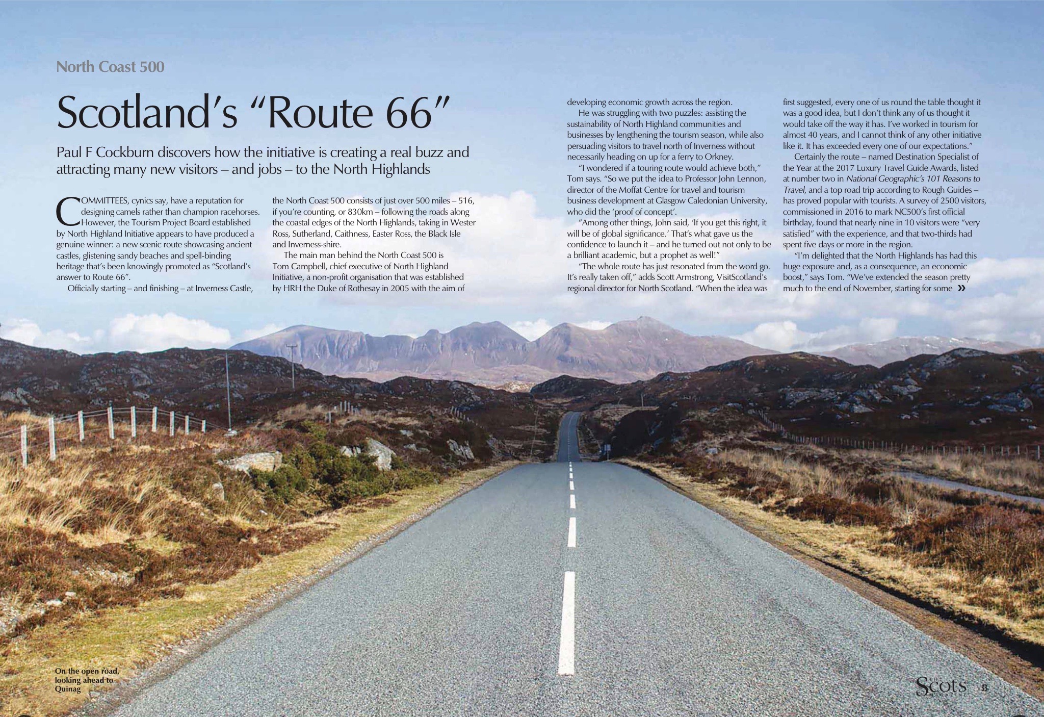 Opening spread of article, featuring image of road heading towards Quinag.